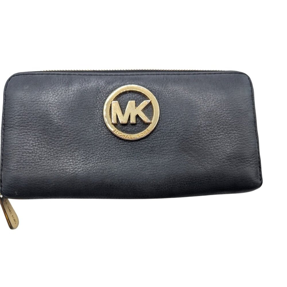 Michael Kors Black Pebbled Leather Zip-Around Wallet With Gold MK Logo & Multipl - Picture 8 of 11